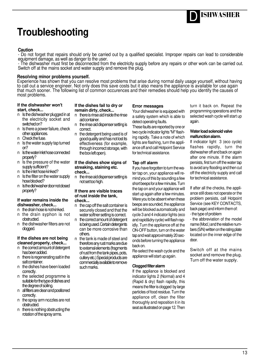 Hotpoint BCI450 manual Troubleshooting, Resolving minor problems yourself 