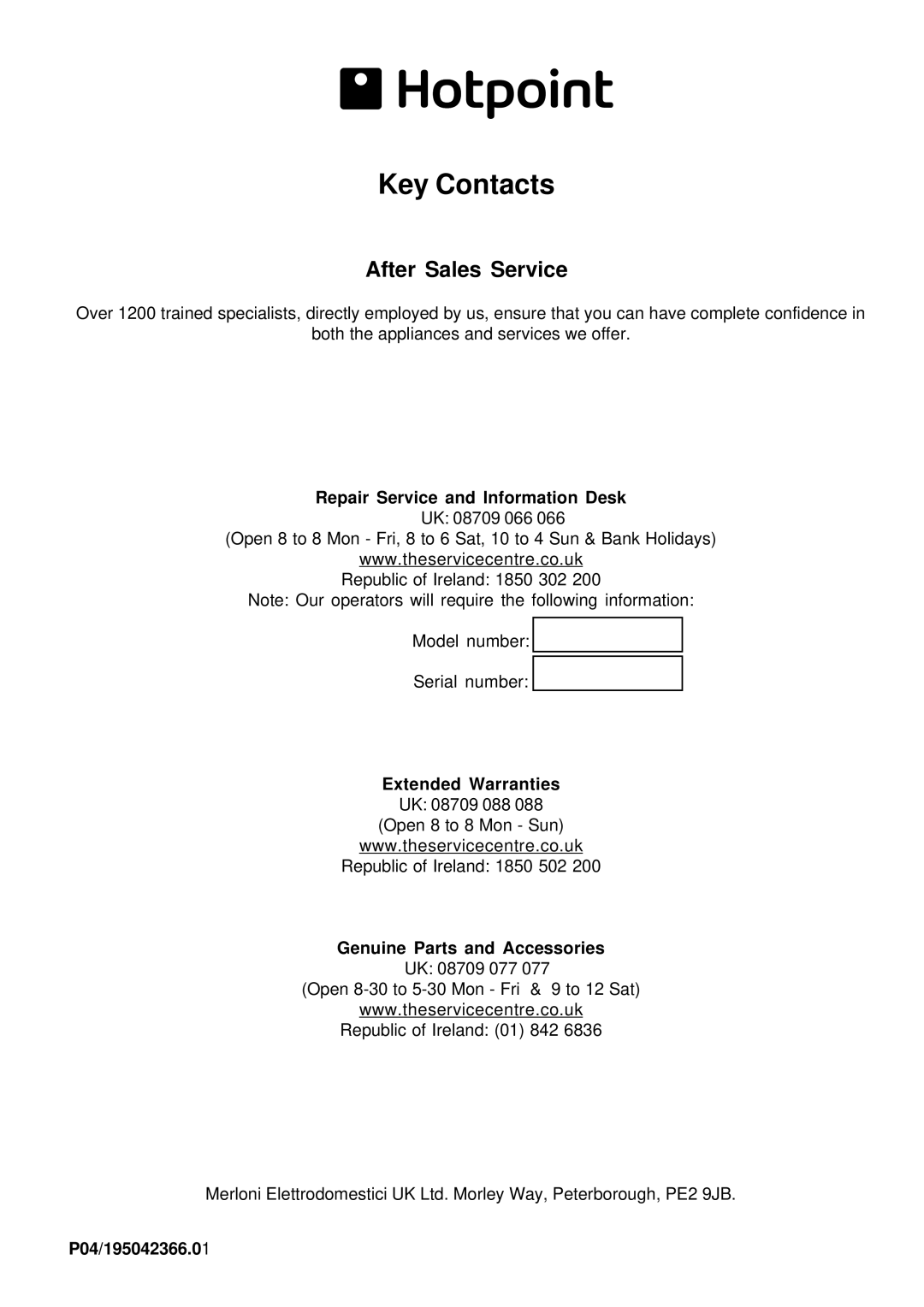 Hotpoint BCI450 manual Repair Service and Information Desk, Genuine Parts and Accessories, P04/195042366.01 