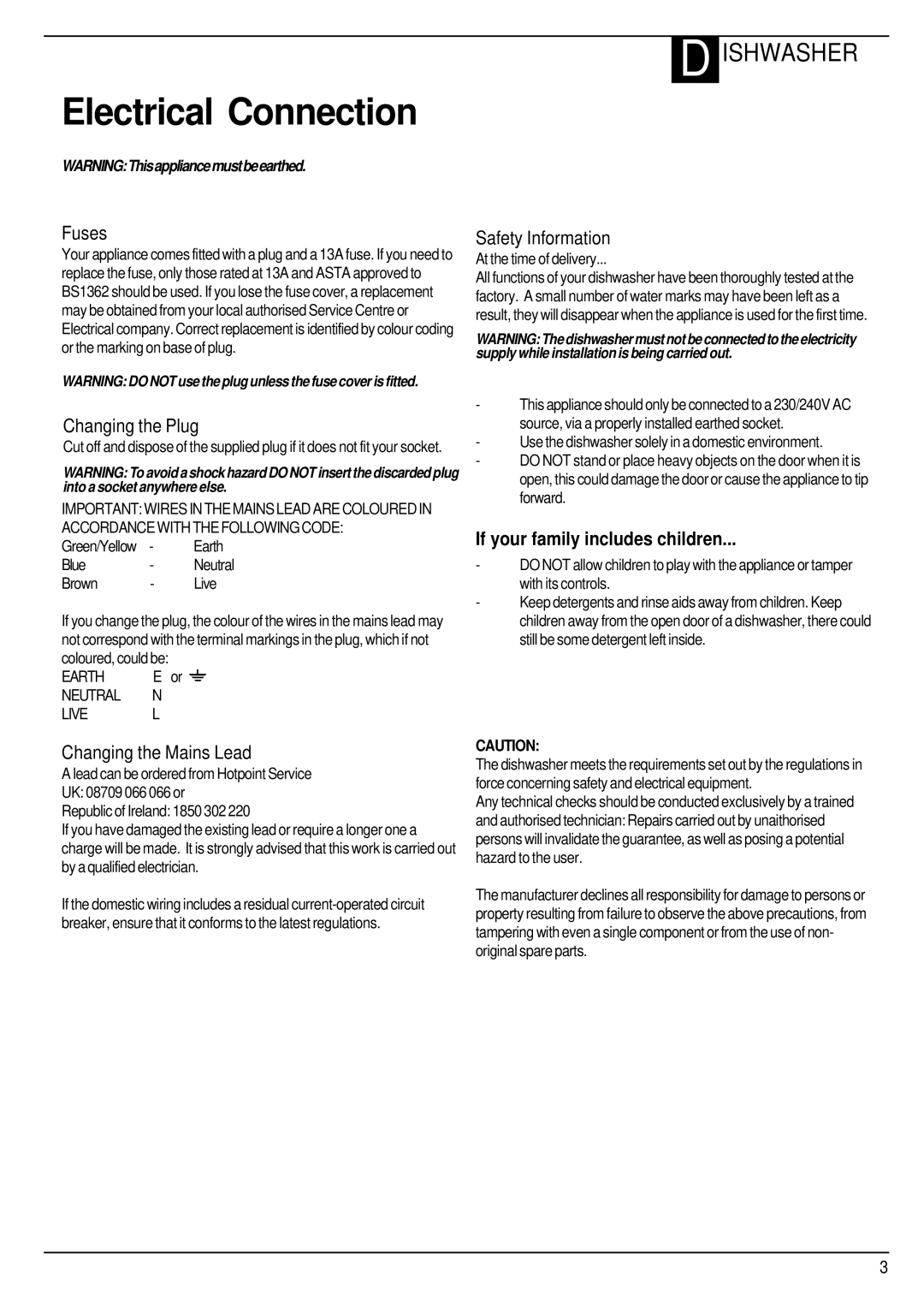 Hotpoint BCI450 manual Electrical Connection 