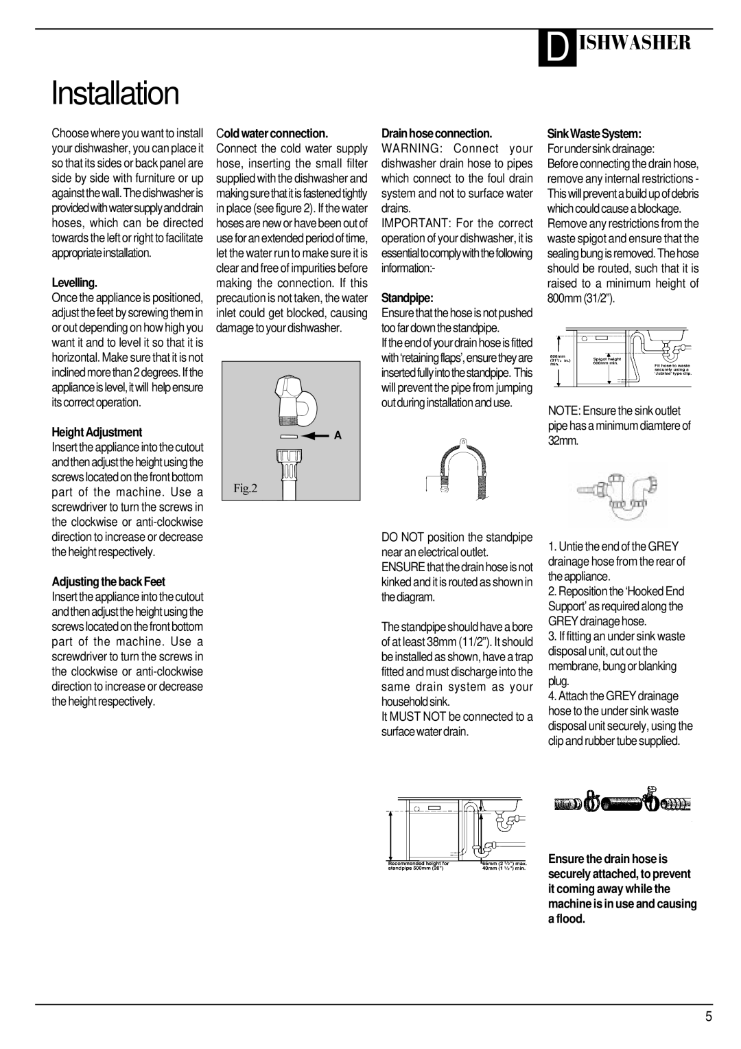 Hotpoint BCI450 manual Levelling, Standpipe, Height Adjustment, Adjusting the back Feet 