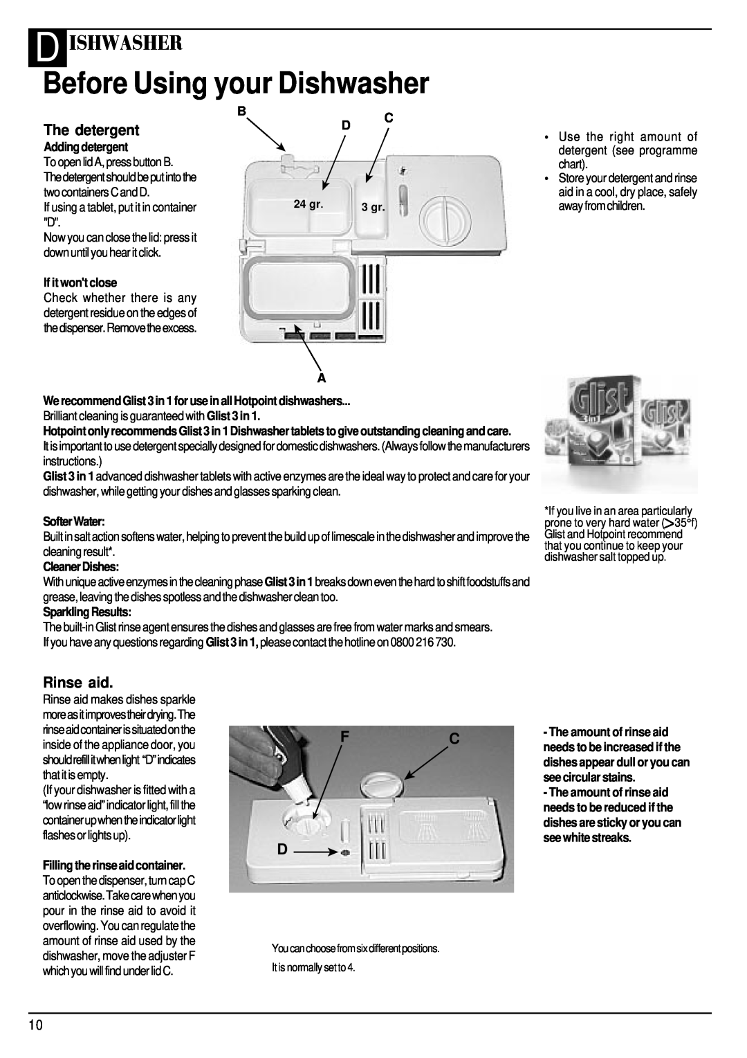 Hotpoint BCI450 manual Before Using your Dishwasher, D Ishwasher, The detergent, Rinse aid, Fc D, Bc D, Adding detergent 