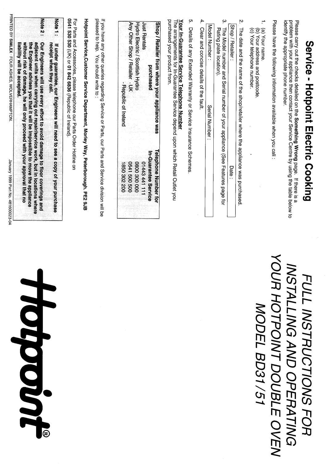 Hotpoint BD31 manual 