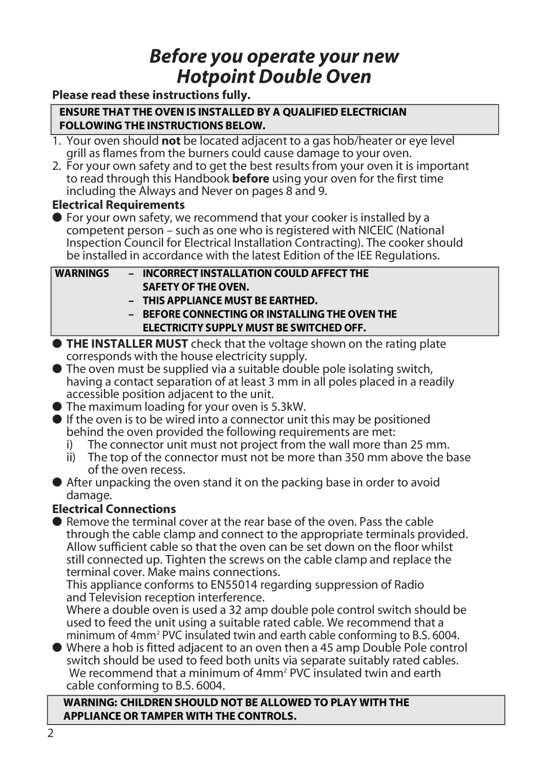 Hotpoint BD62, BD52 manual Please read these instructions fully, Electrical Requirements, Electrical Connections 