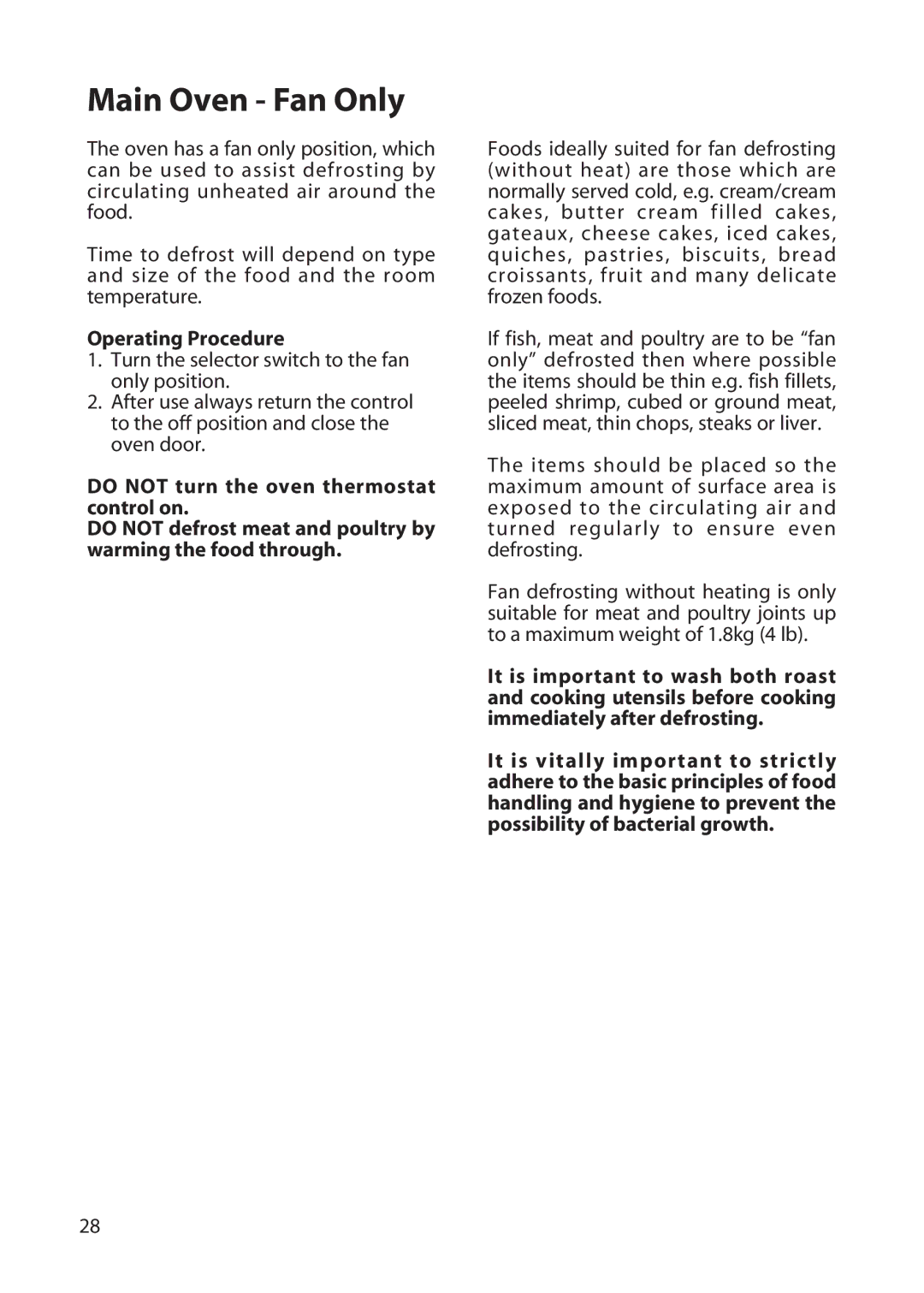 Hotpoint BD62, BD52 manual Main Oven Fan Only, Operating Procedure 