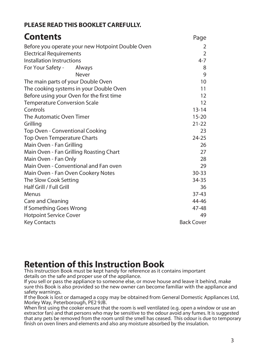 Hotpoint BD52, BD62 manual Contents, Retention of this Instruction Book 