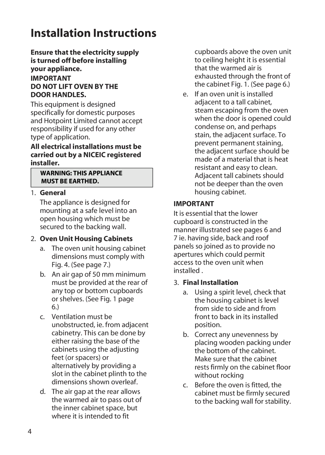 Hotpoint BD62, BD52 manual Installation Instructions, General, Oven Unit Housing Cabinets, Final Installation 