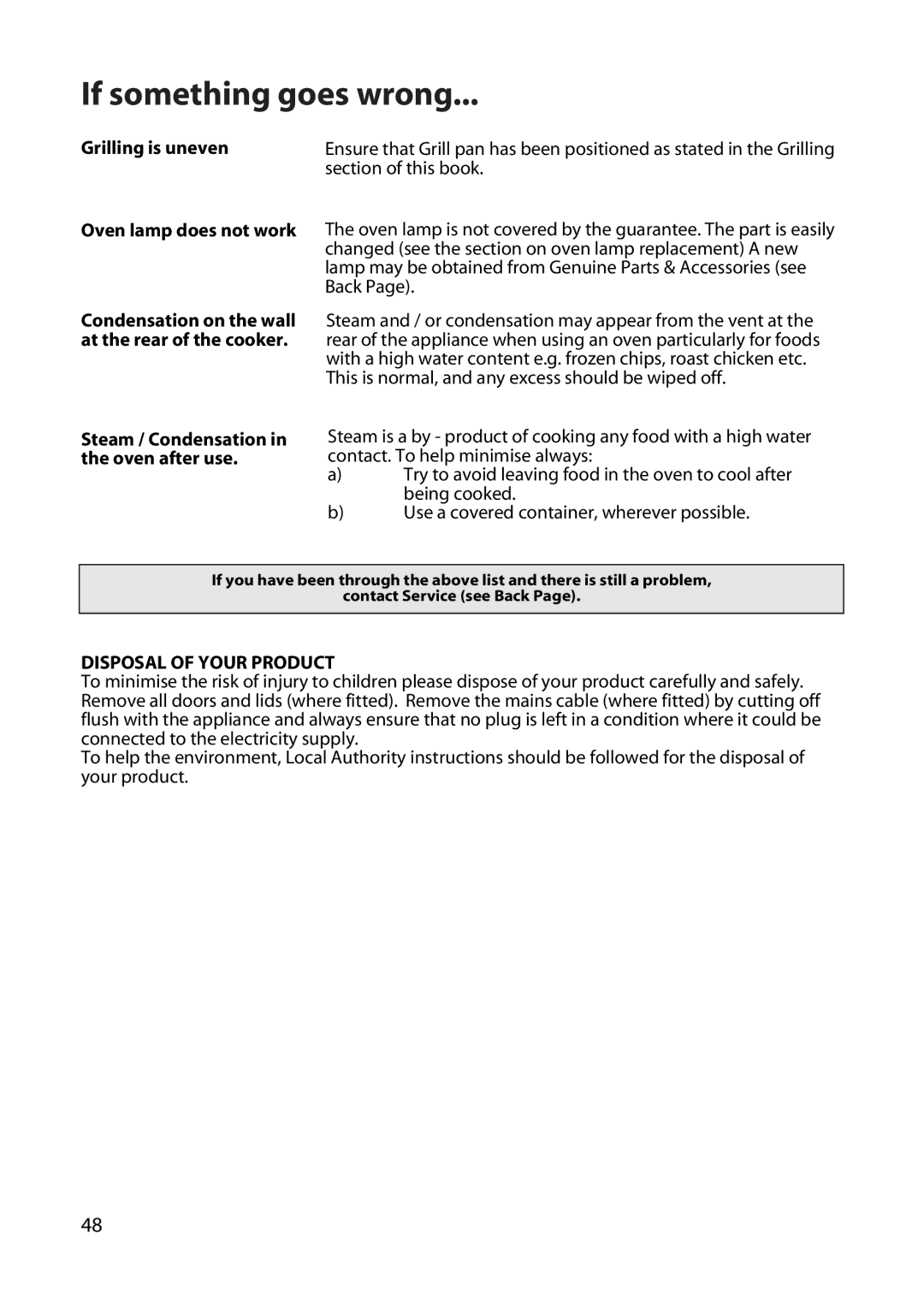 Hotpoint BD62, BD52 manual Grilling is uneven Oven lamp does not work, Steam / Condensation in the oven after use 