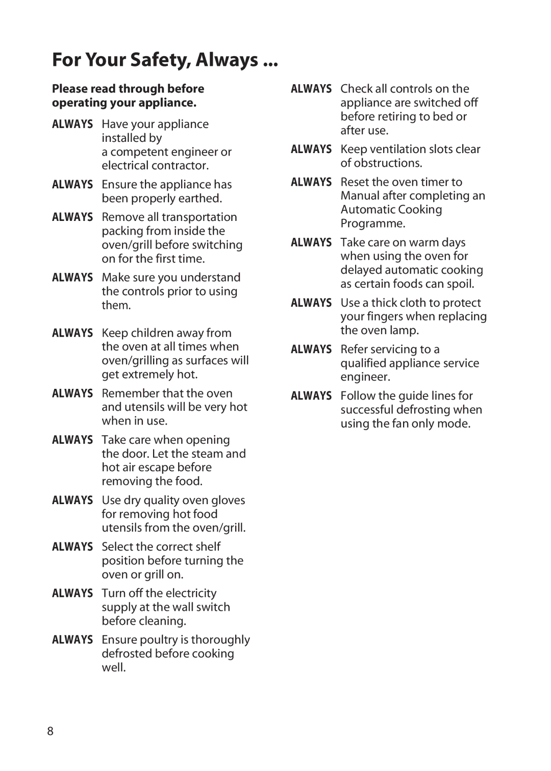 Hotpoint BD62, BD52 manual For Your Safety, Always, Please read through before operating your appliance 