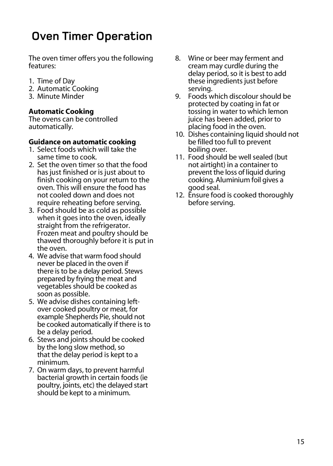 Hotpoint BD62 BD52 manual Oven Timer Operation, Automatic Cooking, Guidance on automatic cooking 