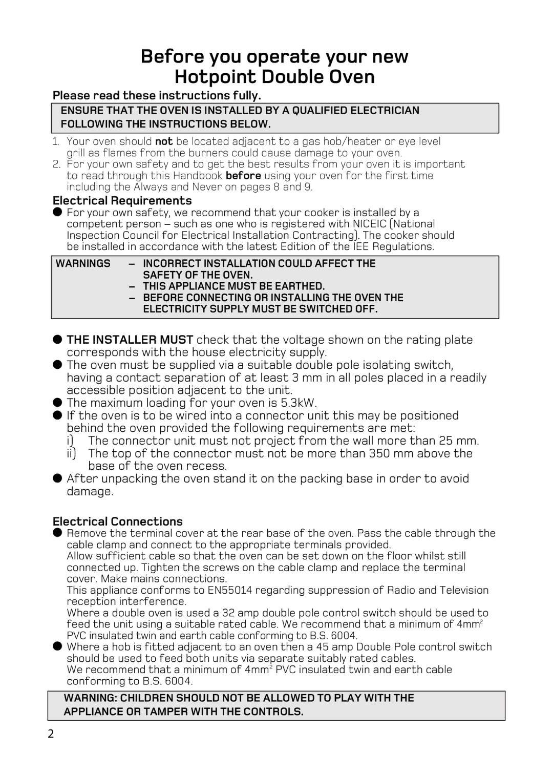 Hotpoint BD62 BD52 manual Before you operate your new Hotpoint Double Oven, Please read these instructions fully 