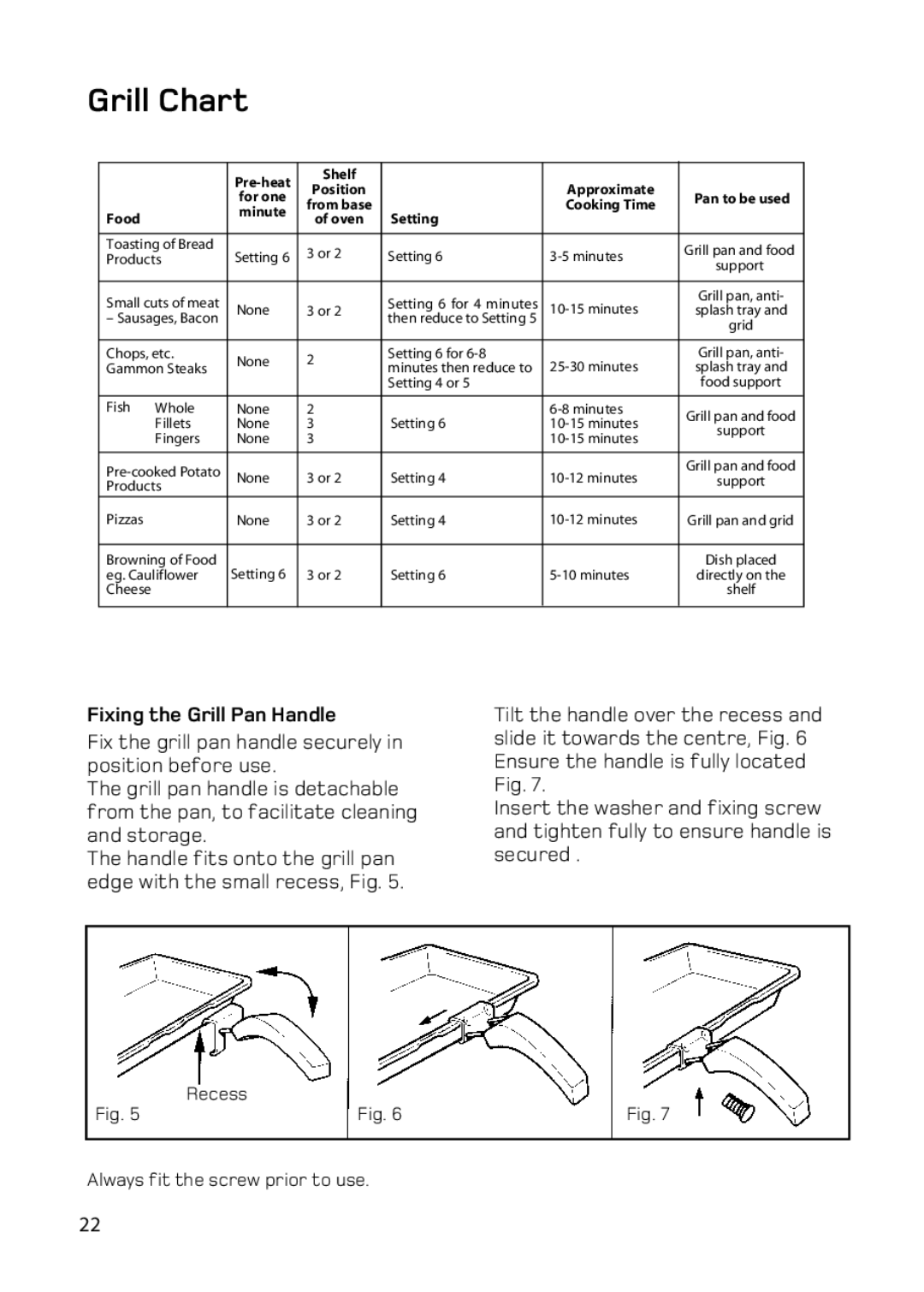 Hotpoint BD62 BD52 manual Grill Chart, Fixing the Grill Pan Handle 