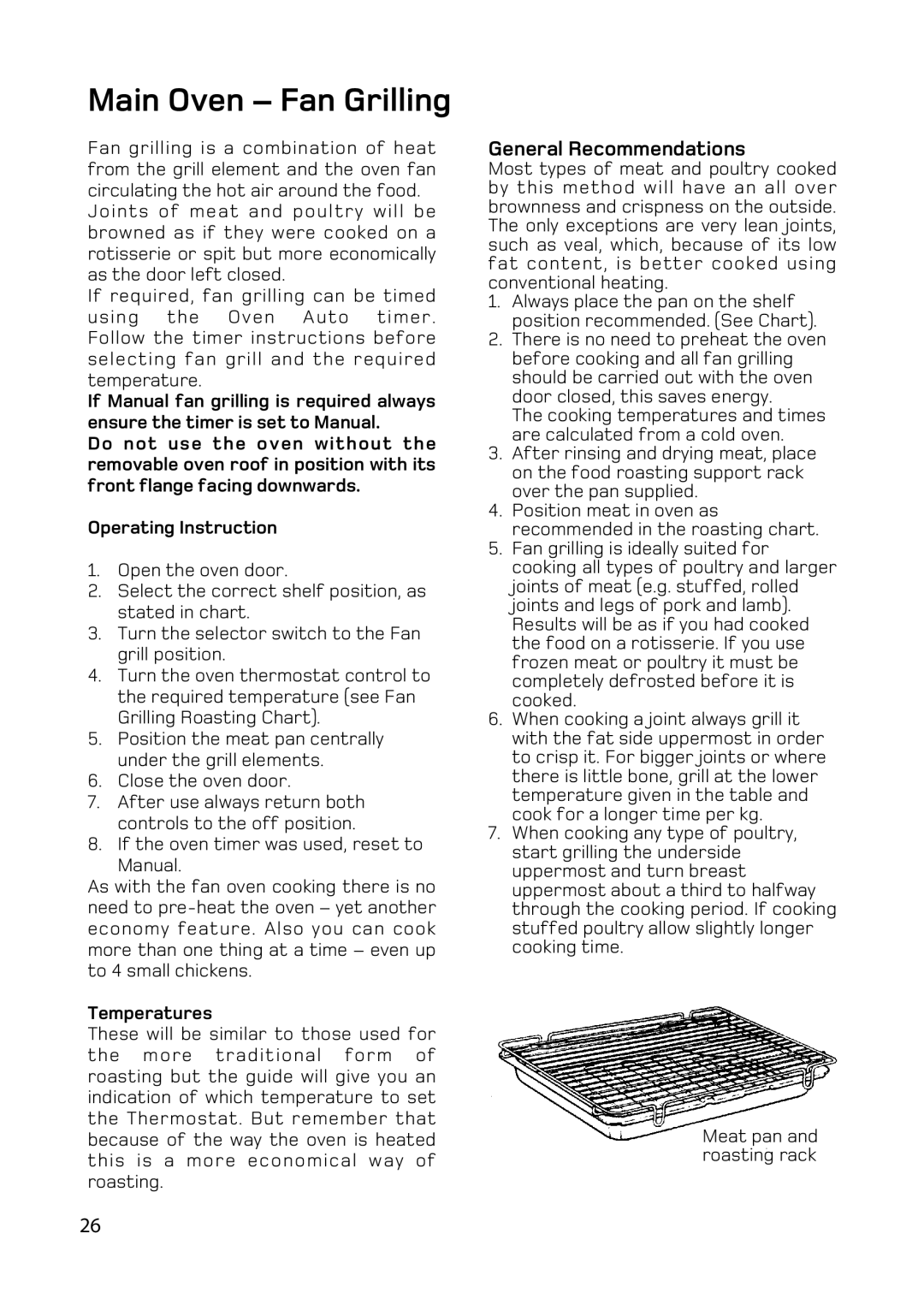 Hotpoint BD62 BD52 manual Main Oven Fan Grilling, General Recommendations, Temperatures 