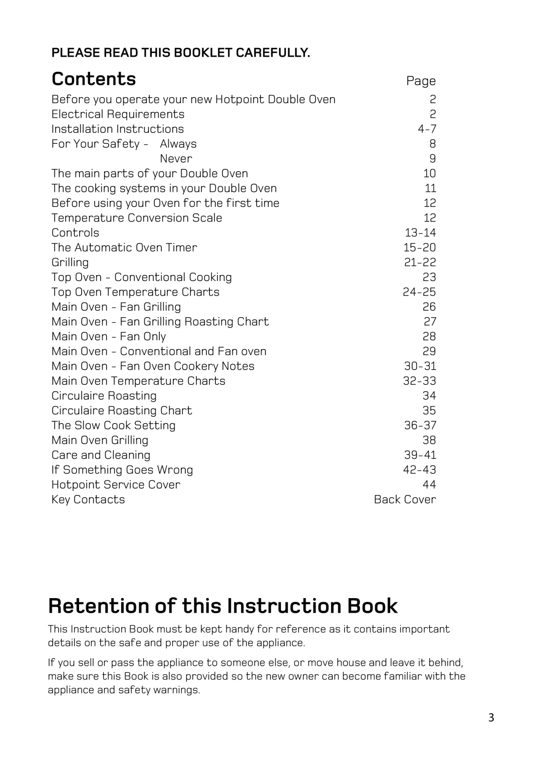 Hotpoint BD62 BD52 manual Retention of this Instruction Book, Contents 