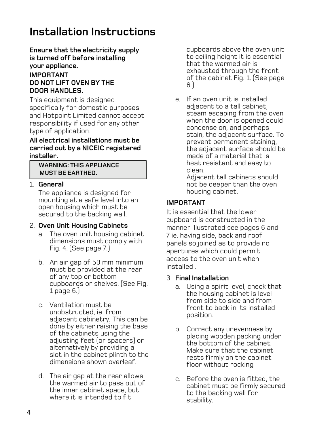 Hotpoint BD62 BD52 manual Installation Instructions, General, Oven Unit Housing Cabinets, Final Installation 