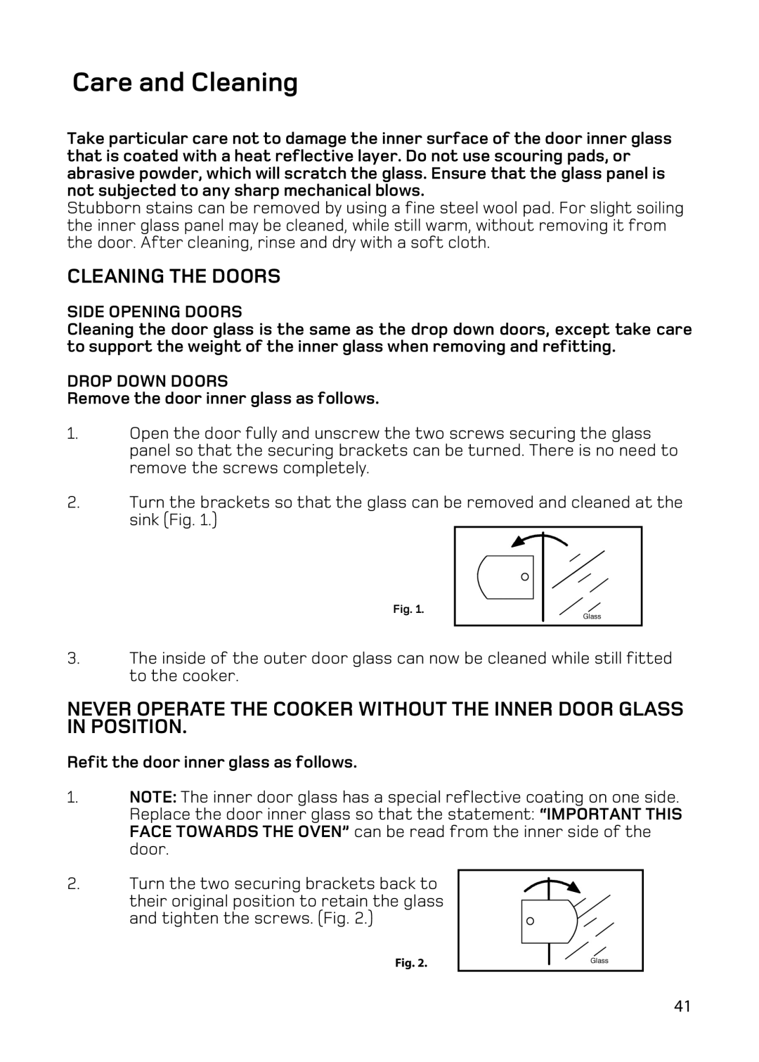 Hotpoint BD62 BD52 manual Remove the door inner glass as follows, Refit the door inner glass as follows 