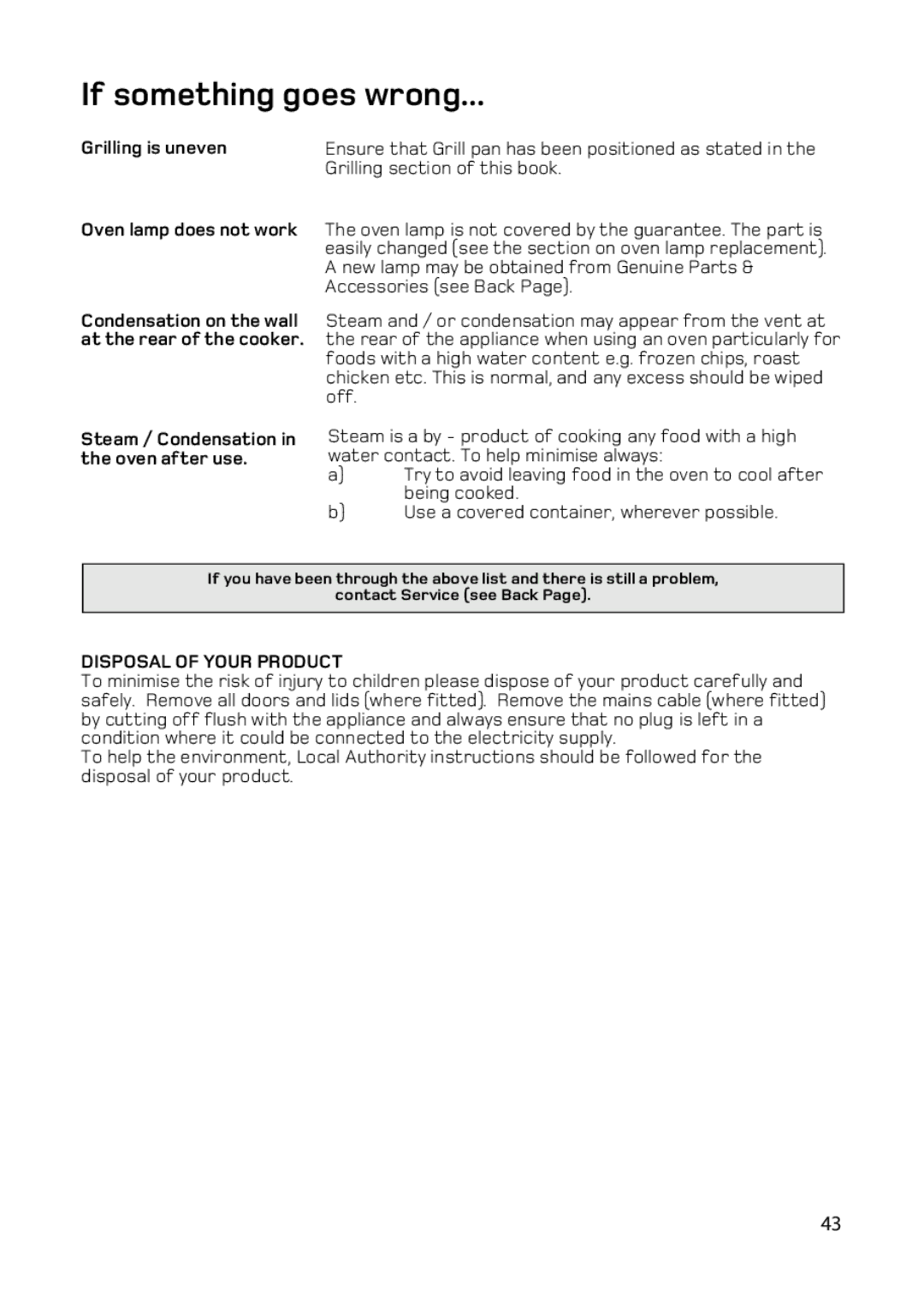 Hotpoint BD62 BD52 manual Grilling is uneven Oven lamp does not work, Steam / Condensation in the oven after use 