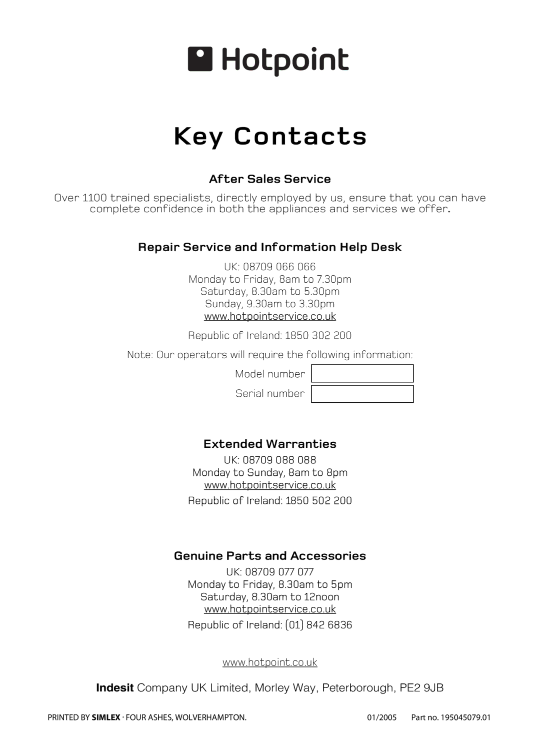 Hotpoint BD62 BD52 manual After Sales Service, Repair Service and Information Help Desk, Extended Warranties 