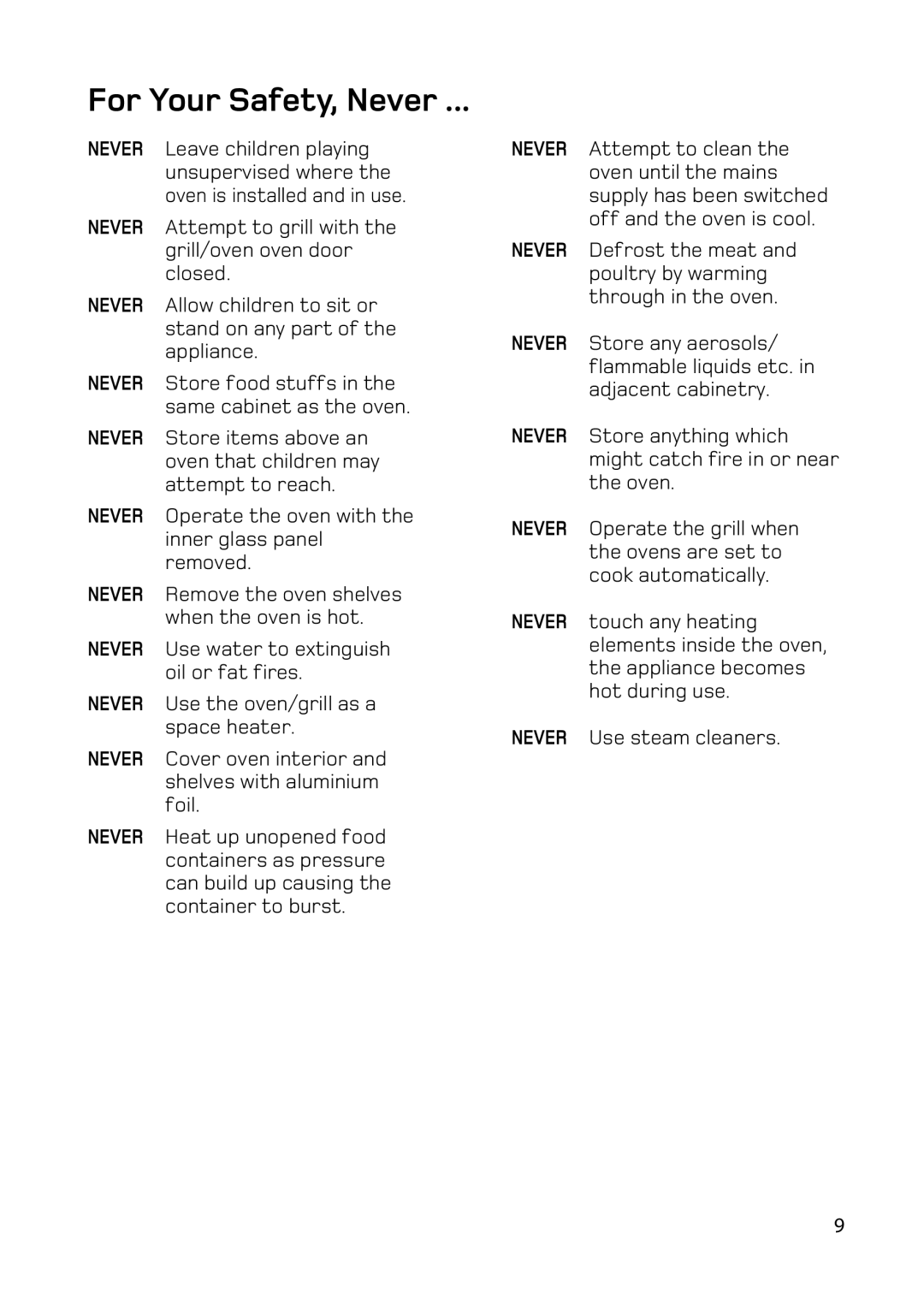 Hotpoint BD62 BD52 manual For Your Safety, Never 