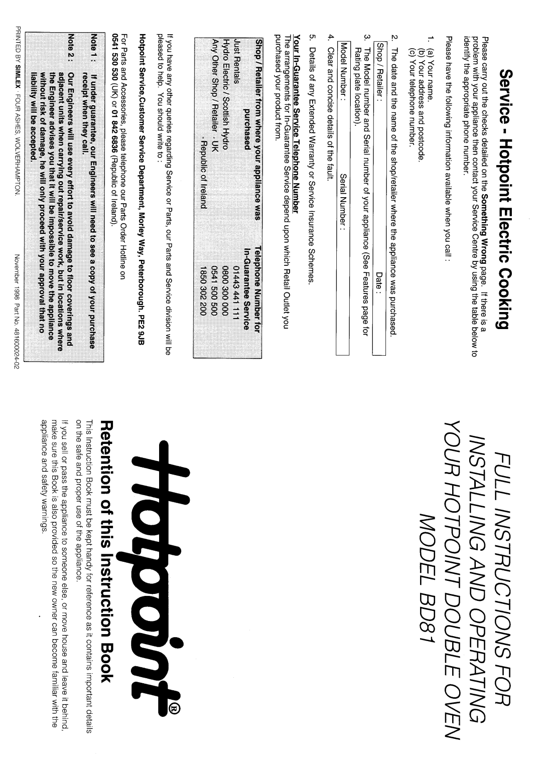 Hotpoint BD81 manual 