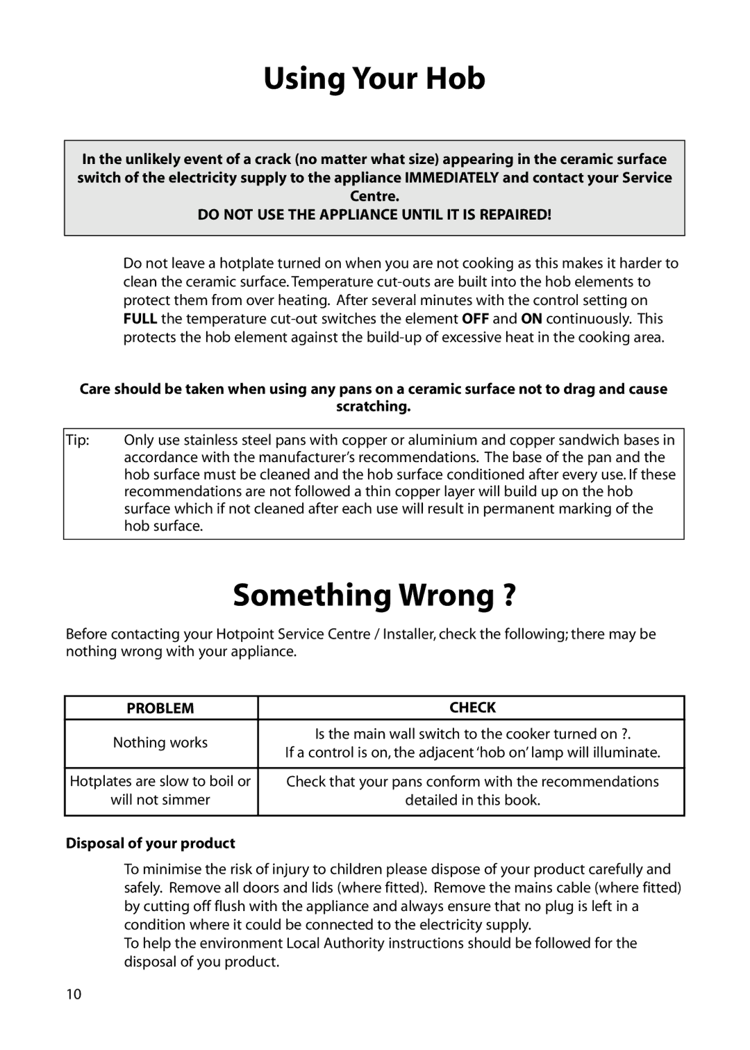 Hotpoint BE32 manual Something Wrong ?, Disposal of your product 