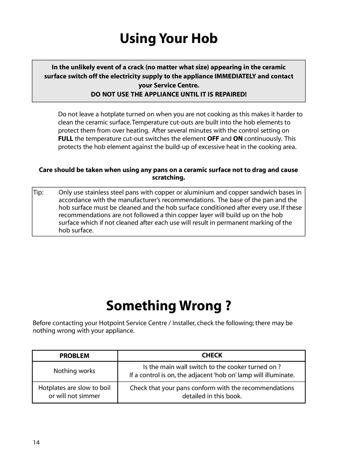 Hotpoint BE72 manual Something Wrong ?, Do not USE the Appliance Until IT is Repaired 