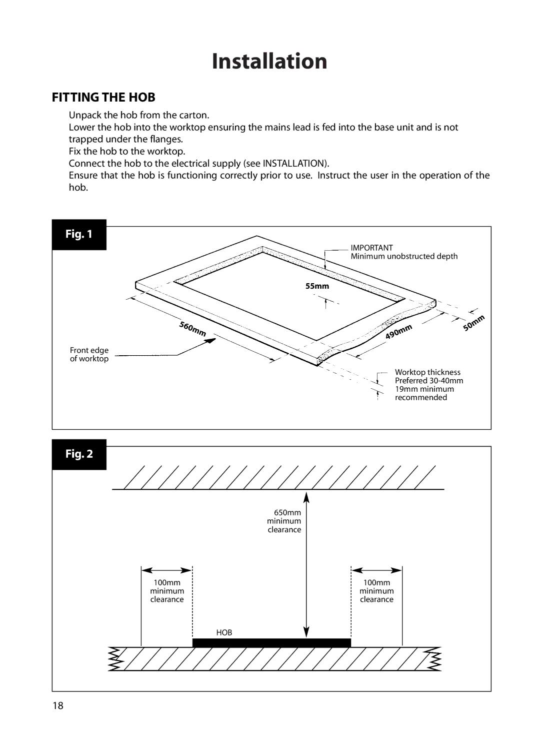 Hotpoint BE72 manual Fitting the HOB, 560mm 