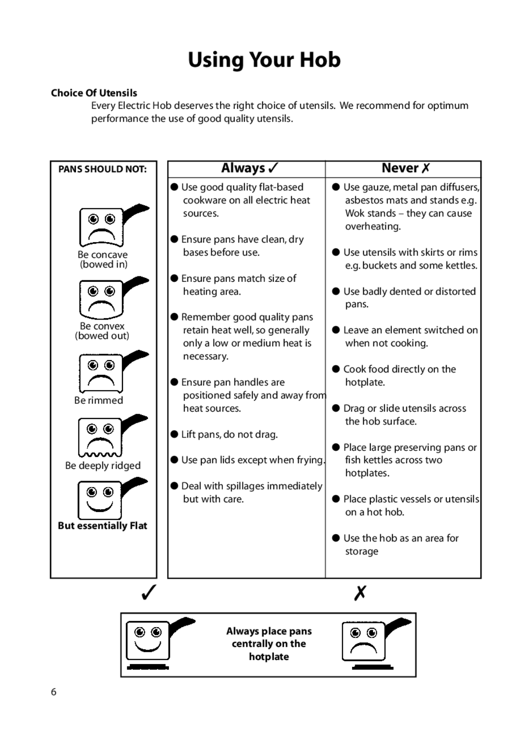 Hotpoint BE72 manual Using Your Hob, Choice Of Utensils, But essentially Flat, Always place pans Centrally on Hotplate 