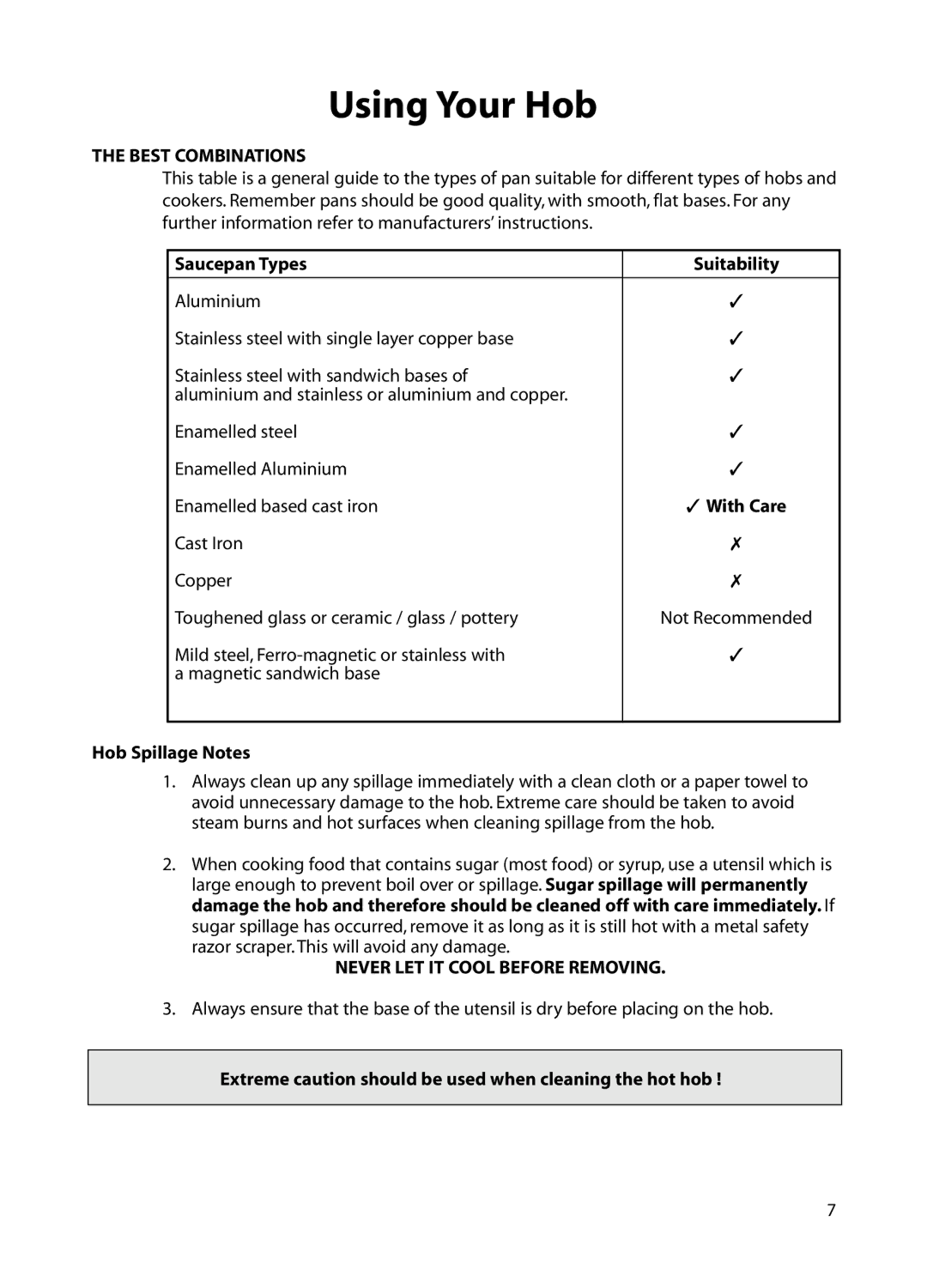 Hotpoint BE72 Saucepan Types Suitability, Hob Spillage Notes, Extreme caution should be used when cleaning the hot hob 