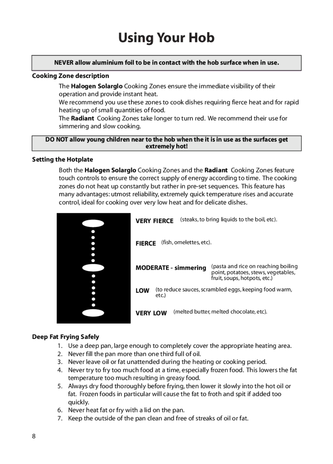 Hotpoint BE72 manual Moderate simmering, Deep Fat Frying Safely 