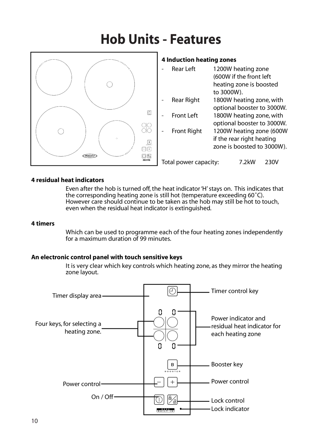 Hotpoint BE82 manual Induction heating zones, Residual heat indicators, Timers 