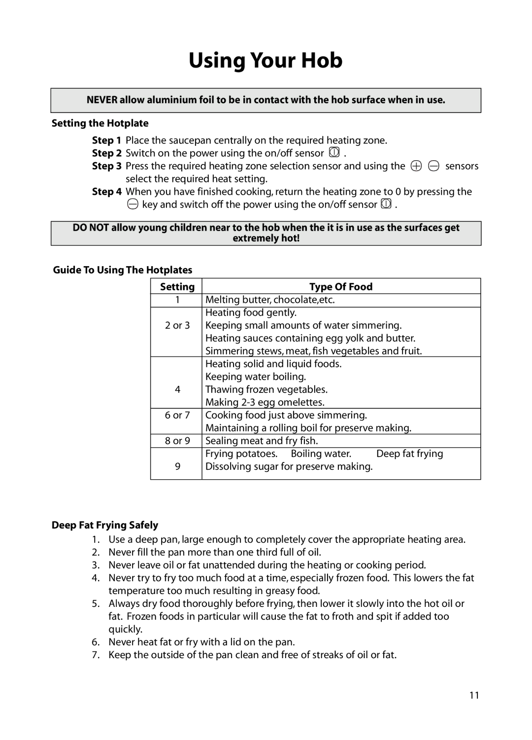 Hotpoint BE82 manual Using Your Hob, Type Of Food, Deep Fat Frying Safely 