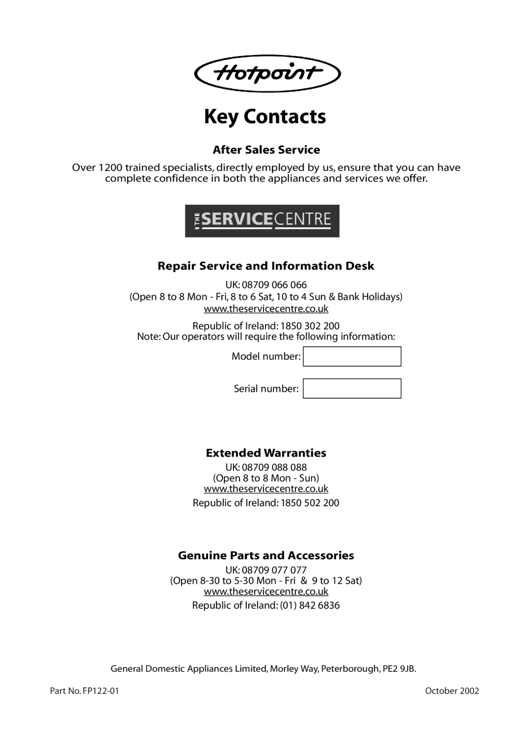 Hotpoint BE82 manual Key Contacts 