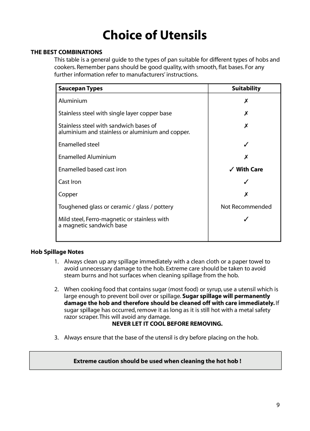 Hotpoint BE82 Saucepan Types Suitability, Hob Spillage Notes, Extreme caution should be used when cleaning the hot hob 