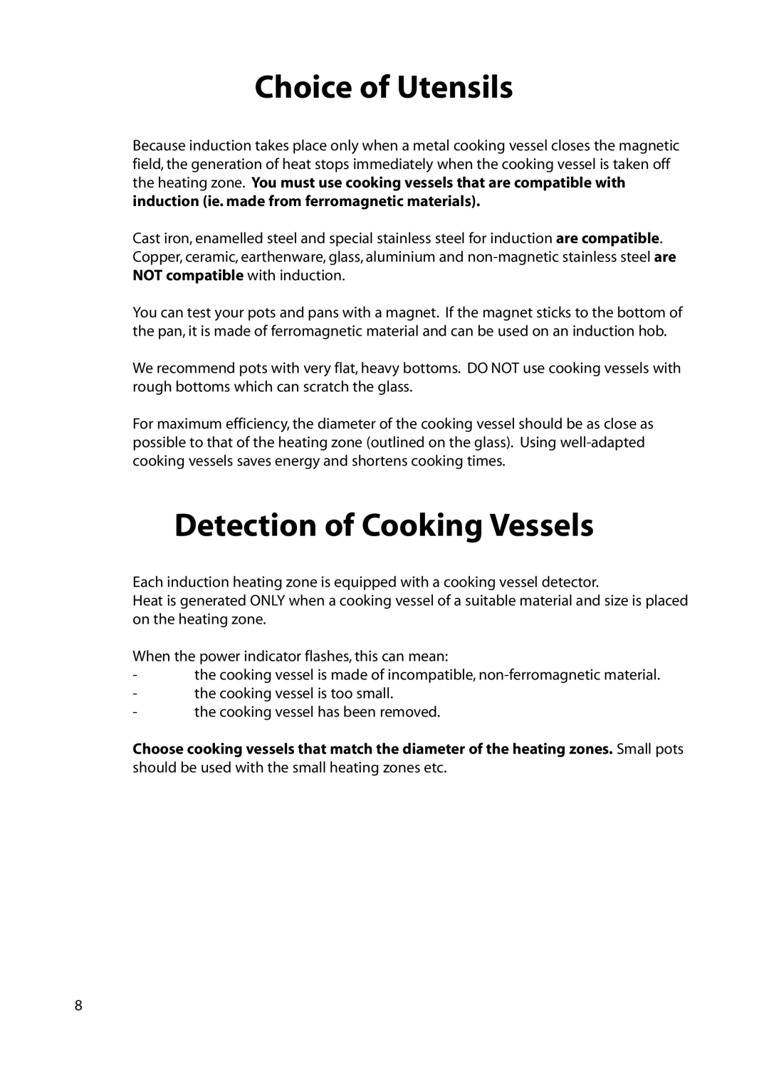 Hotpoint BE82 manual Detection of Cooking Vessels, Choice of Utensils 