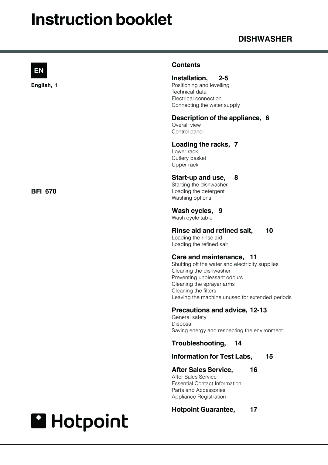 Hotpoint BFI 670 manual Instruction booklet 