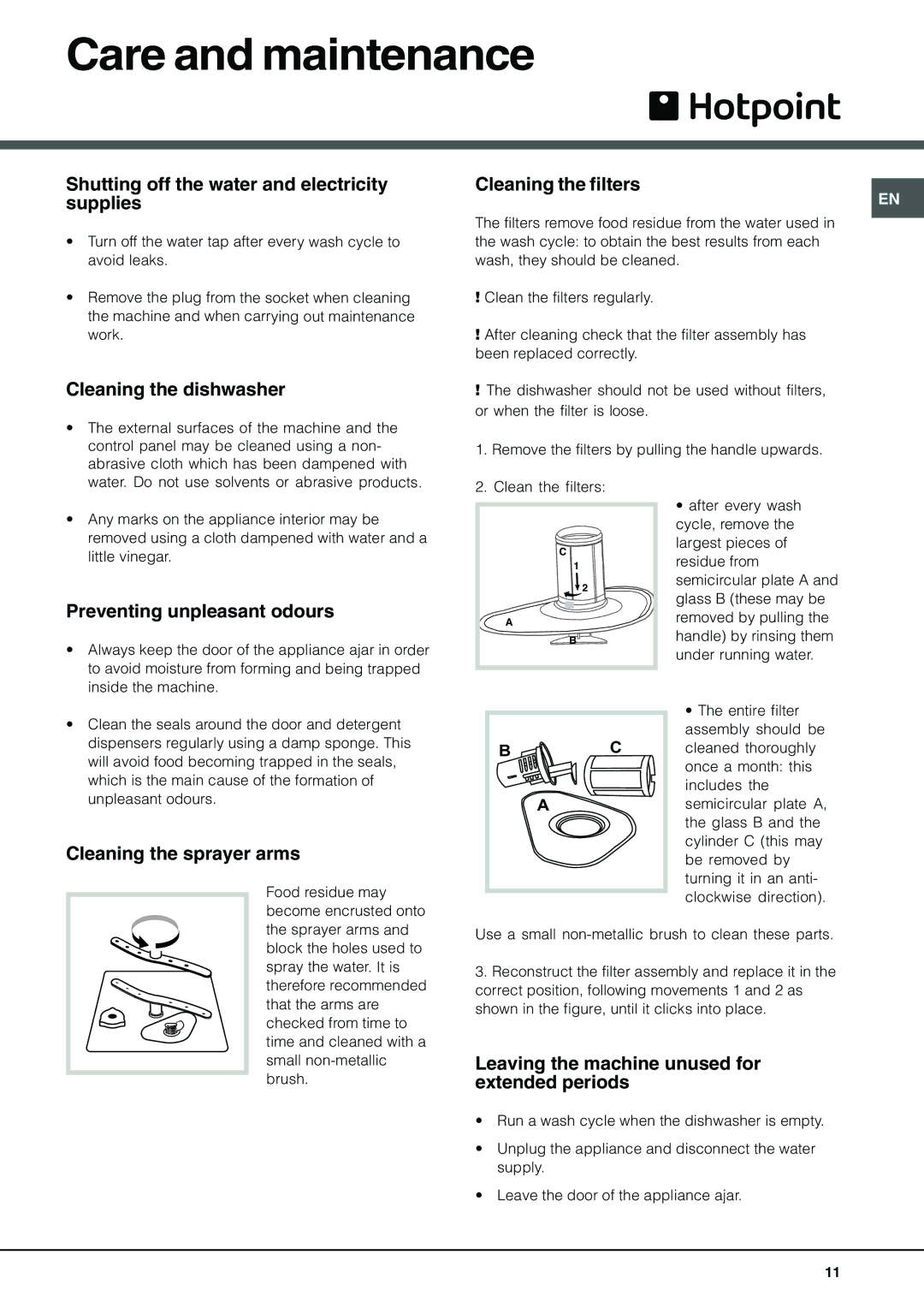 Hotpoint BFI 670 Care and maintenance, Cleaning the dishwasher, Preventing unpleasant odours, Cleaning the sprayer arms 