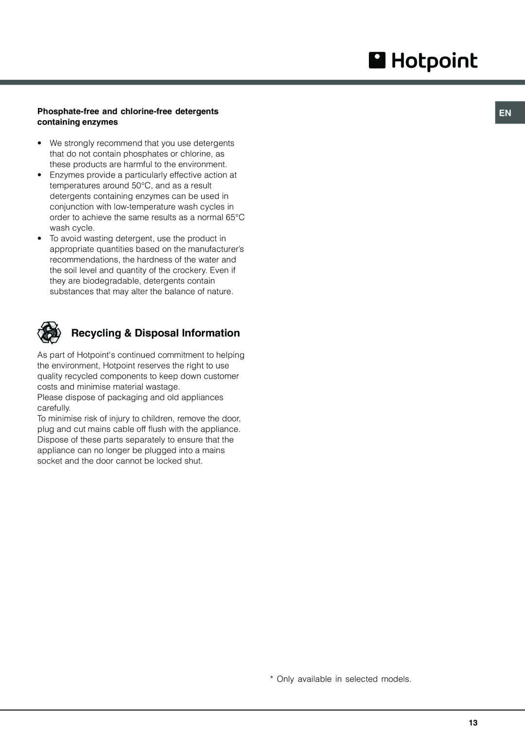 Hotpoint BFI 670 manual Recycling & Disposal Information 