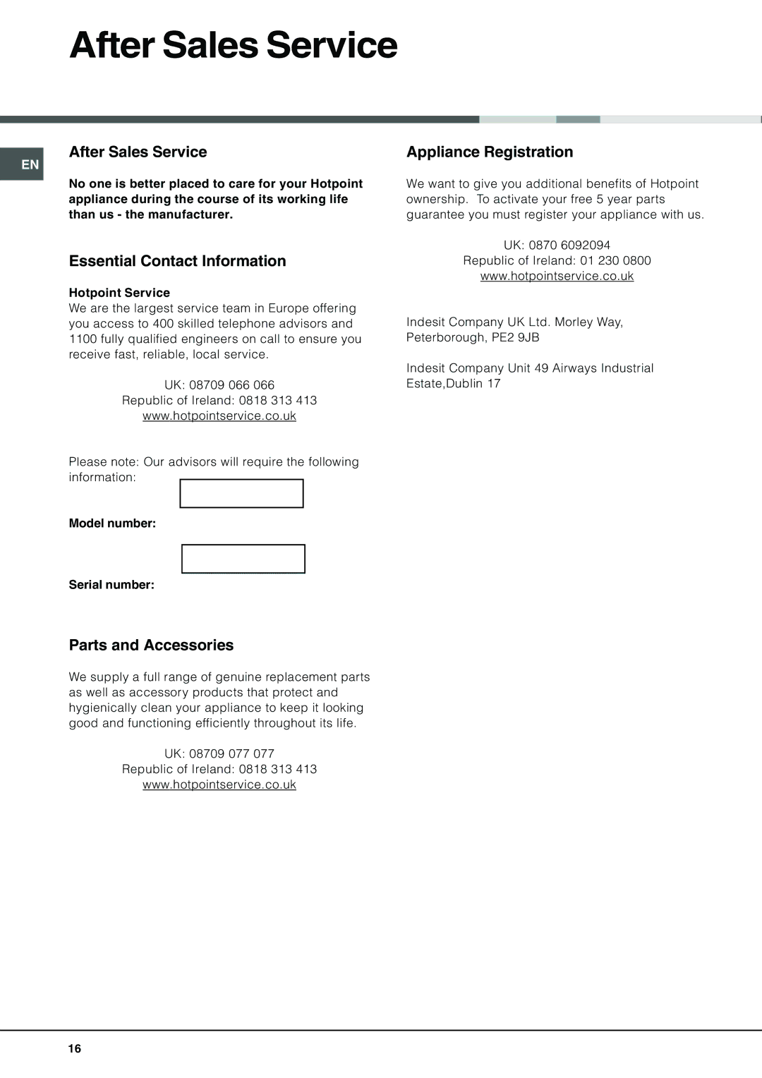 Hotpoint BFI 670 manual After Sales Service, Essential Contact Information, Parts and Accessories, Appliance Registration 