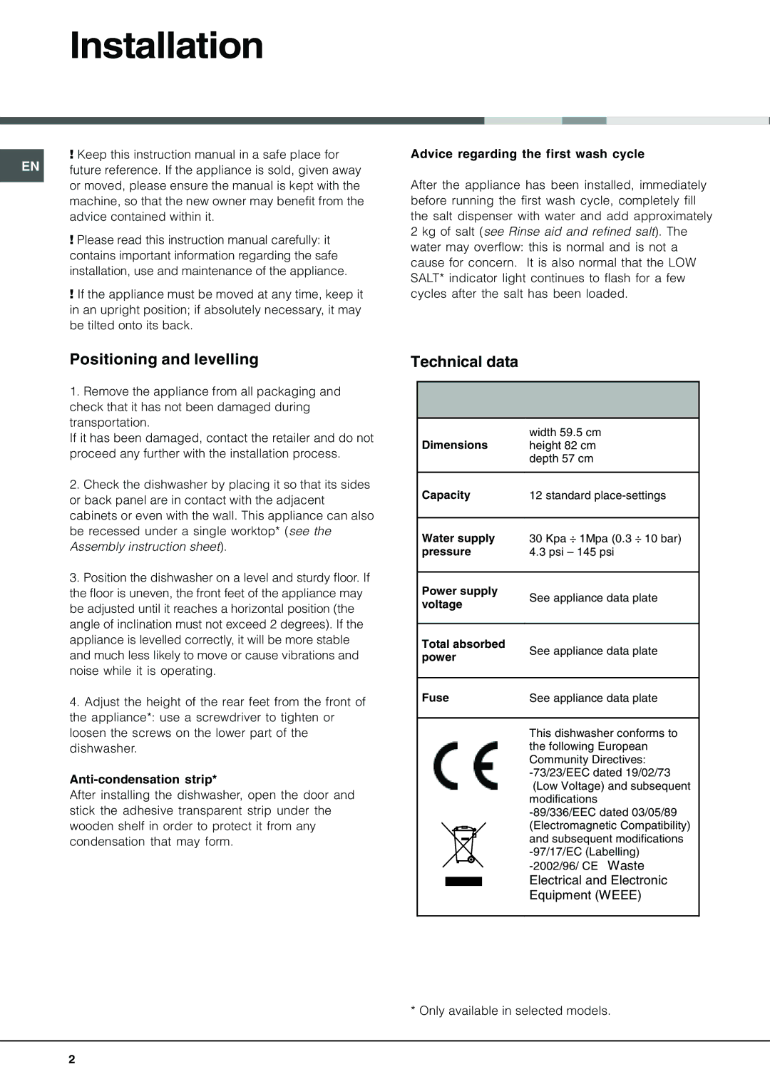 Hotpoint BFI 670 manual Installation, Positioning and levelling, Technical data 