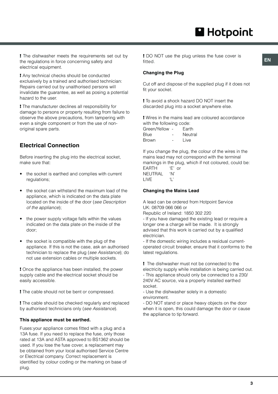 Hotpoint BFI 670 manual Electrical Connection, Live 