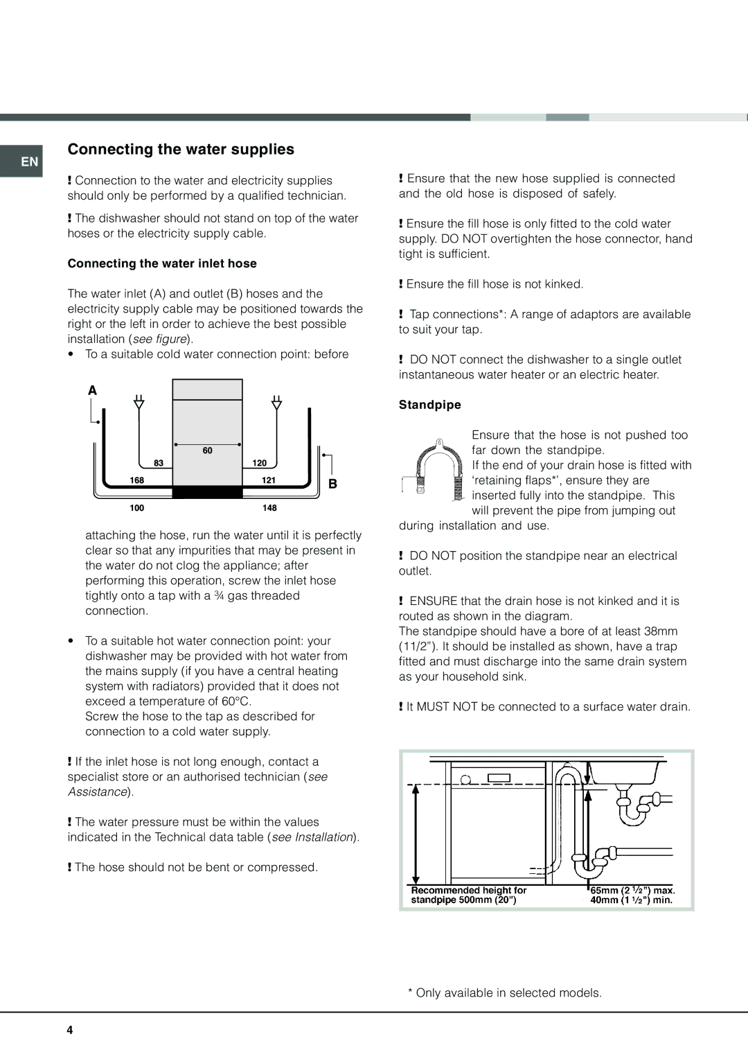 Hotpoint BFI 670 manual Connecting the water supplies 