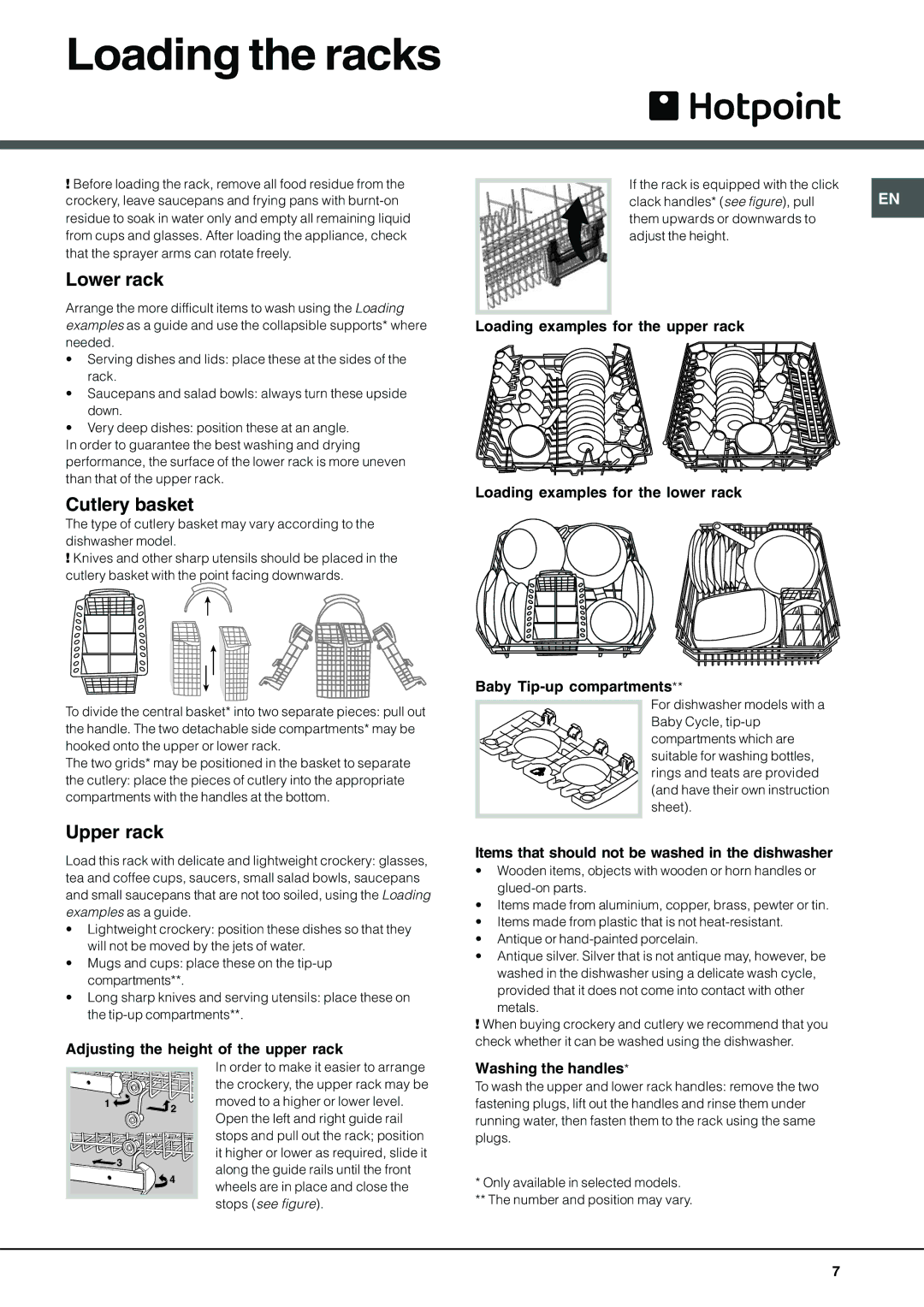 Hotpoint BFI 670 manual Loading the racks, Lower rack, Cutlery basket, Upper rack 