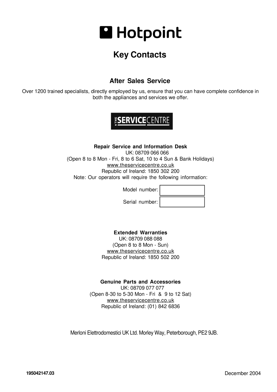 Hotpoint BFI 680 manual Repair Service and Information Desk, Genuine Parts and Accessories, 195042147.03 