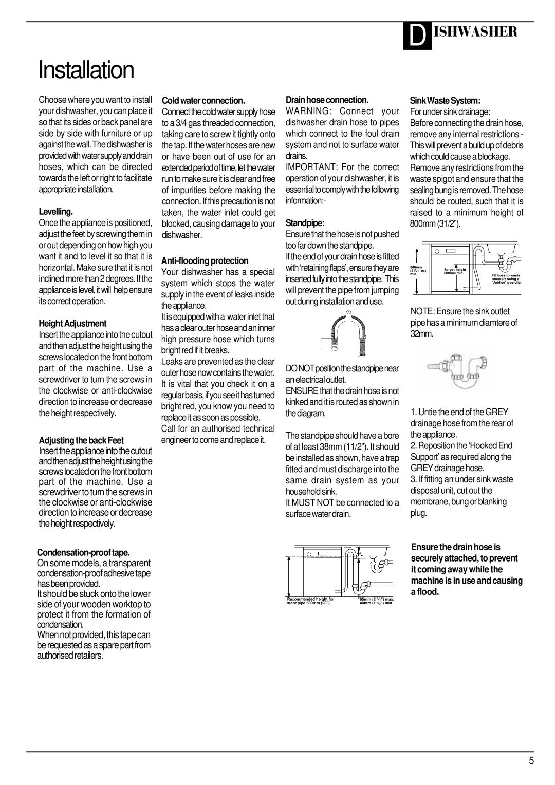 Hotpoint BFI 680 manual Levelling, Height Adjustment, Adjusting the back Feet, Anti-flooding protection, Standpipe 