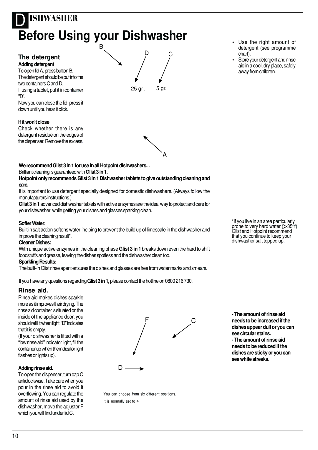 Hotpoint BFI62 manual Adding detergent, If it wont close, 25 gr, Softer Water, Cleaner Dishes, Sparkling Results 