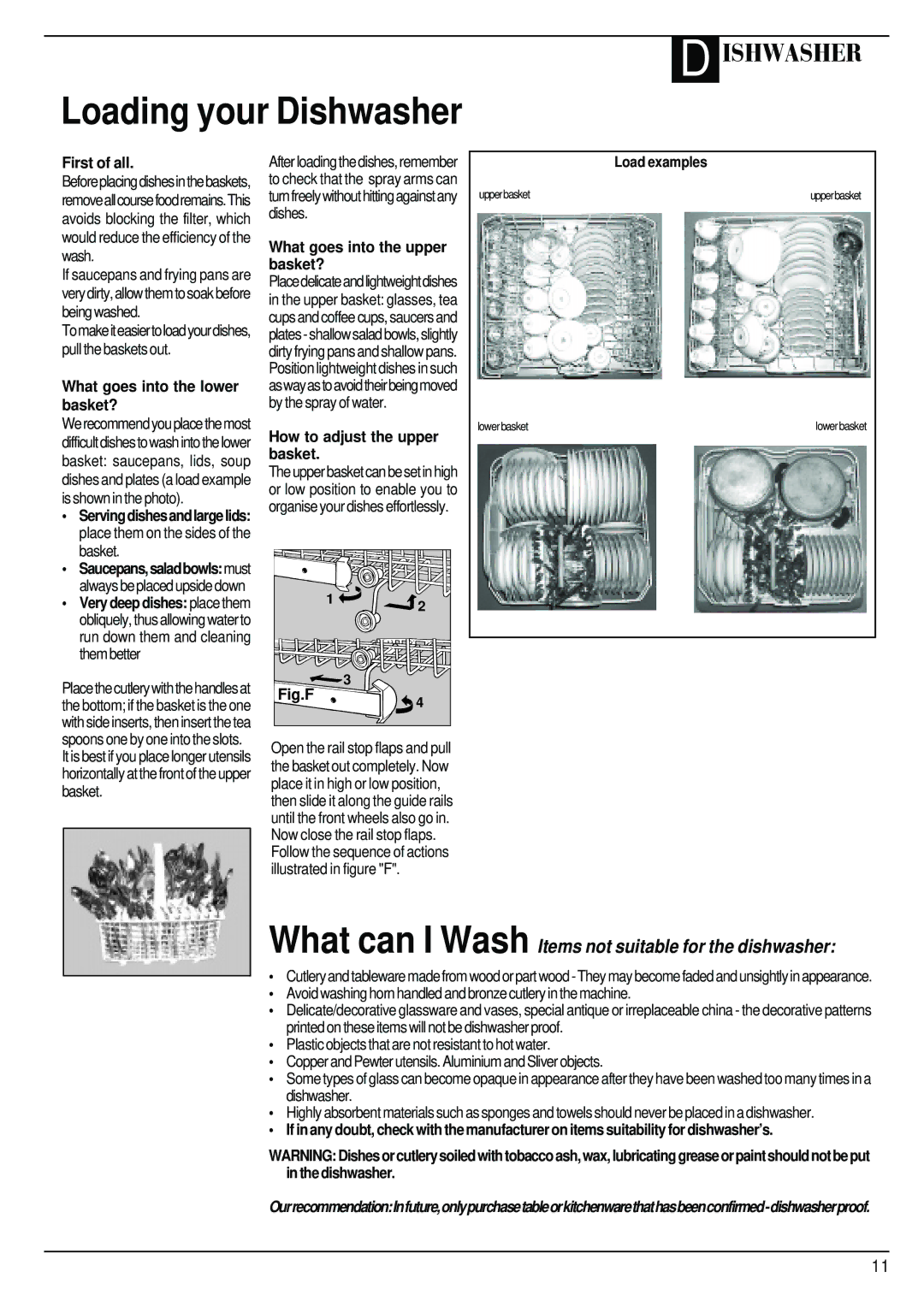 Hotpoint BFI62 Loading your Dishwasher, What goes into the lower basket?, What goes into the upper basket?, Load examples 