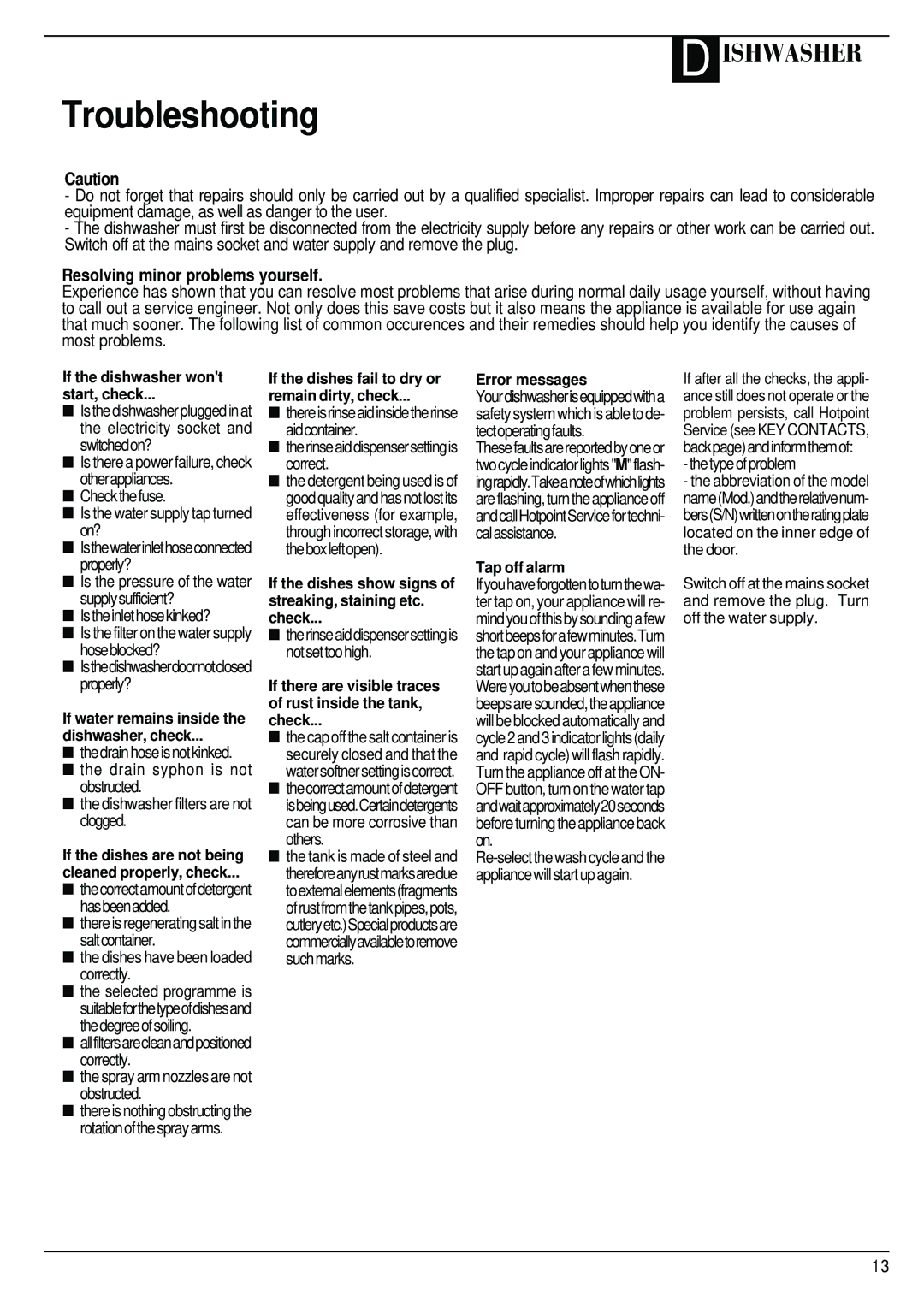 Hotpoint BFI62 manual Troubleshooting, Resolving minor problems yourself 