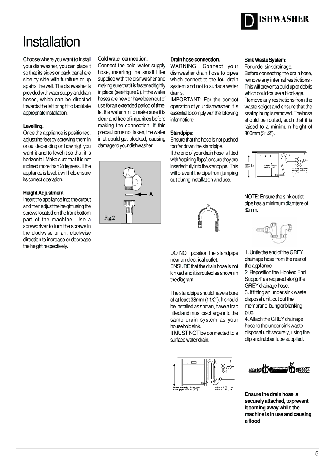 Hotpoint BFI62 manual Levelling, Standpipe, Height Adjustment 