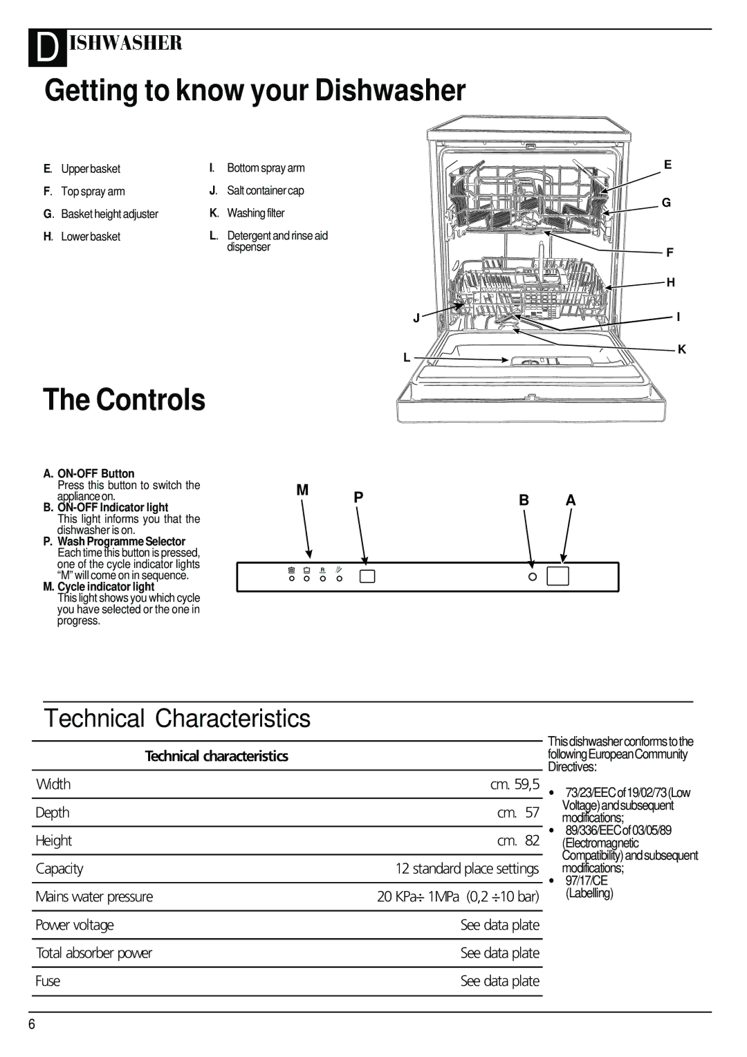 Hotpoint BFI62 Getting to know your Dishwasher, Controls, ON-OFF Button, ON-OFF Indicator light, Cycle indicator light 