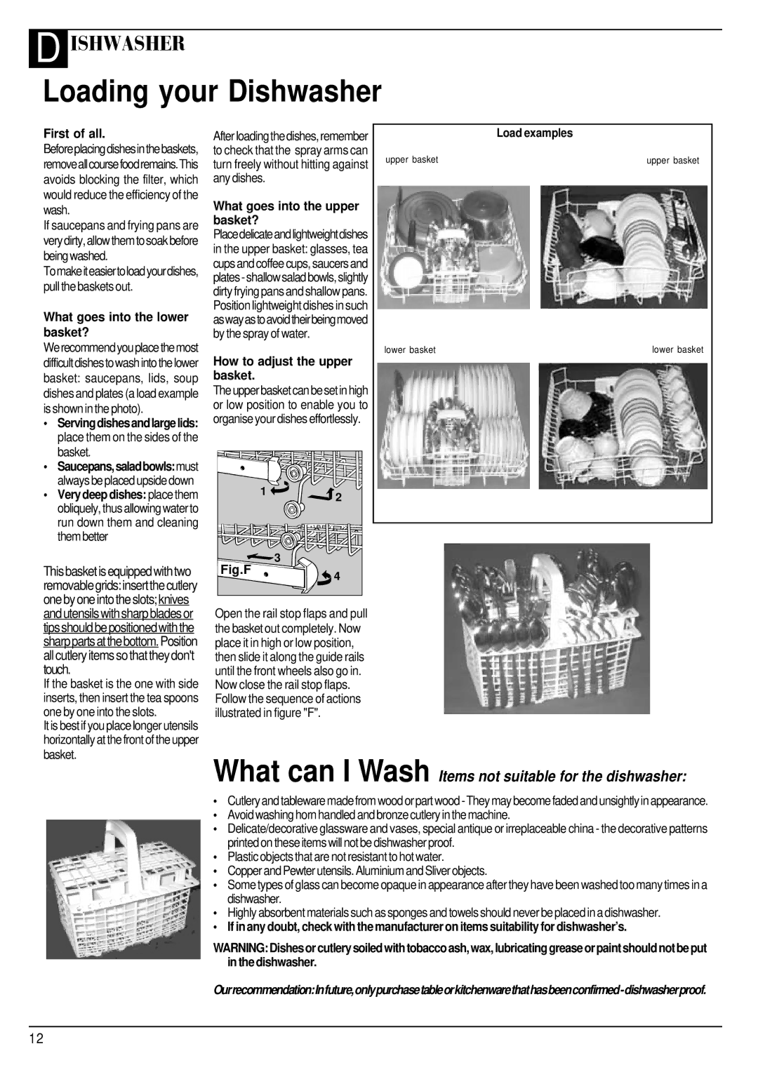 Hotpoint BFI620 Loading your Dishwasher, What goes into the upper basket?, How to adjust the upper basket, Load examples 